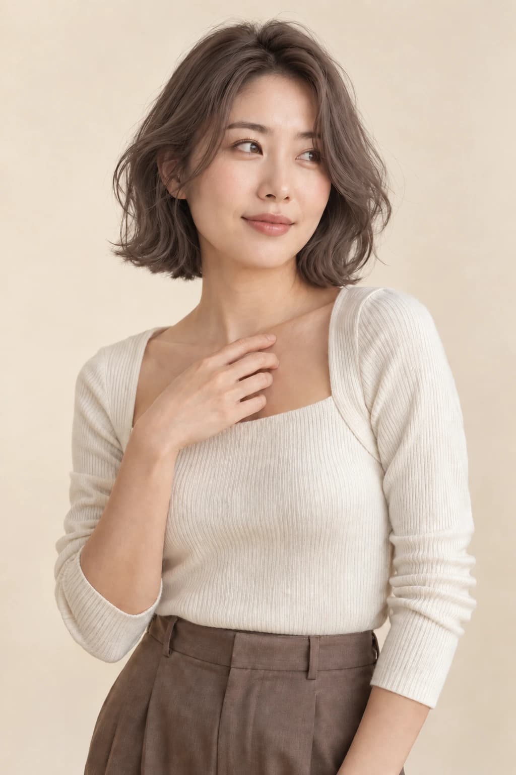 Woman with a cool ash brown bob
