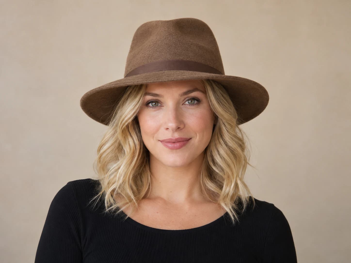 Woman wearing a brown hat that covers her hairline, with her face clearly visible