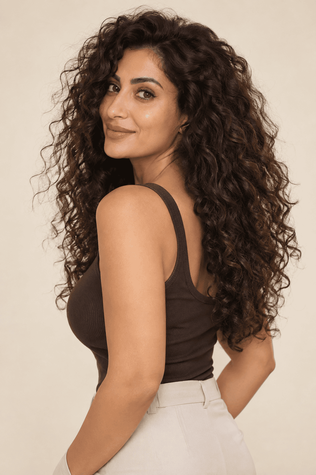 Woman with dark brown curls in a three-quarter pose