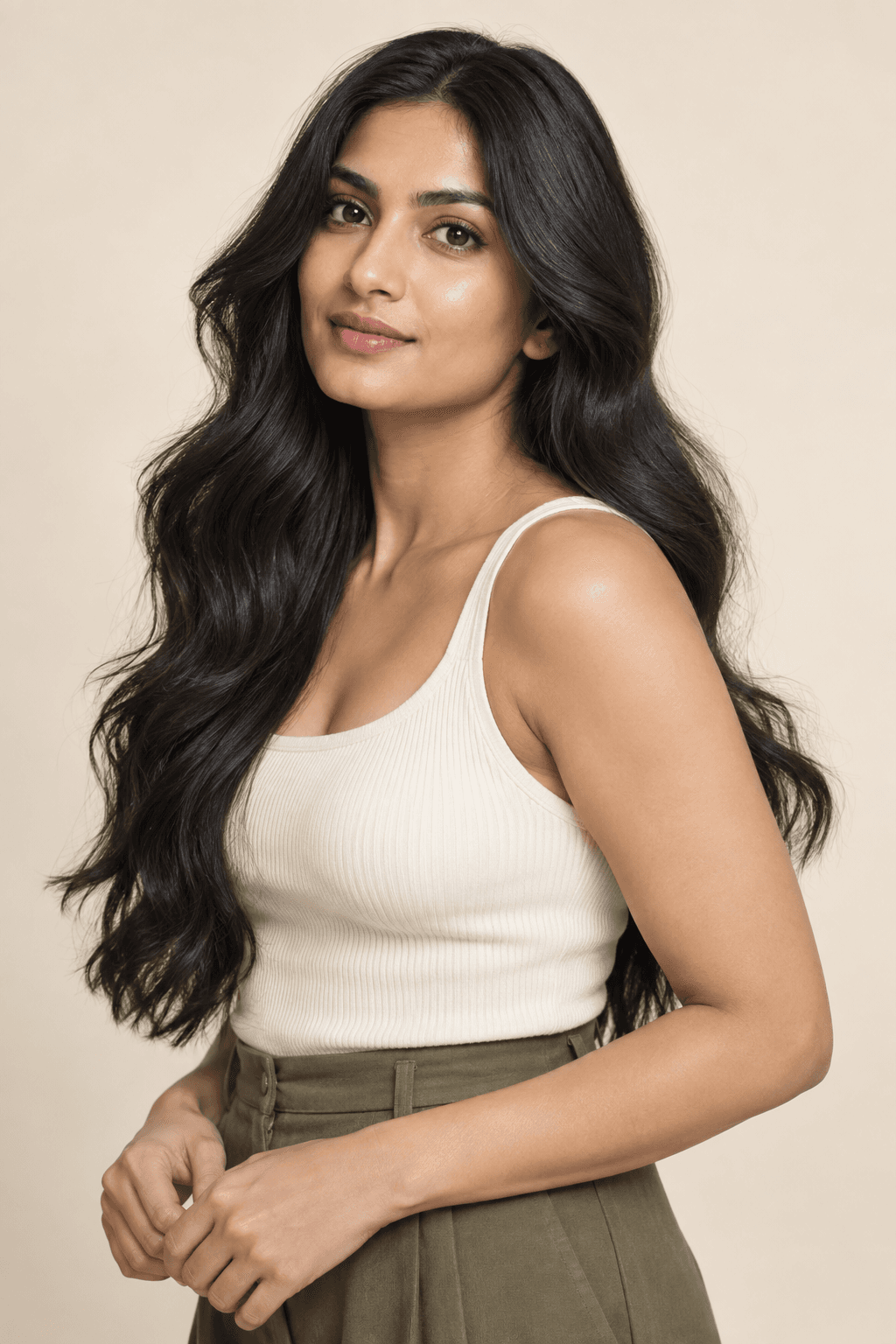 South Asian woman with long black waves