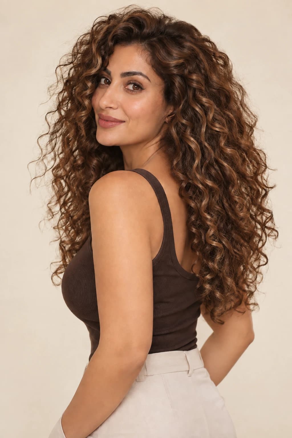 Woman with warm caramel brown curls and honey highlights
