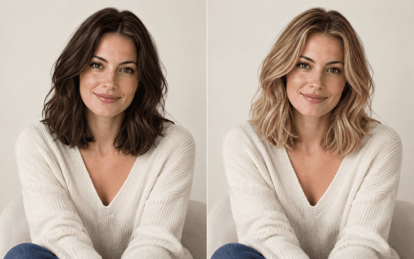 Featured before and after preview from dark brunette to honey blonde