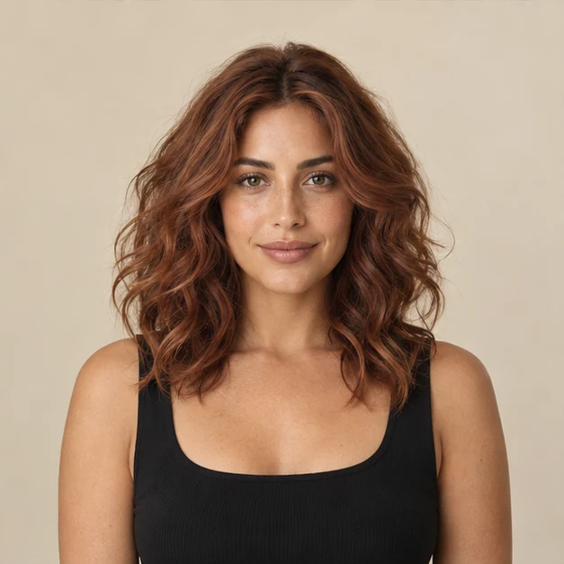 Woman with shoulder-length auburn waves