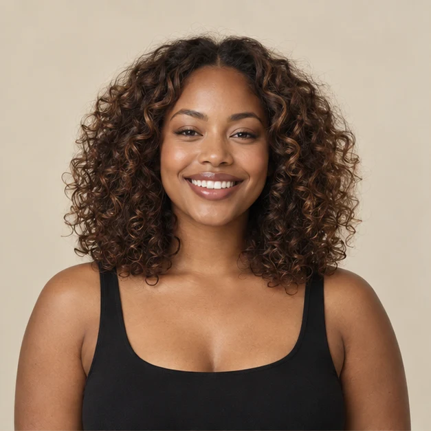 Woman with voluminous chocolate brown curls
