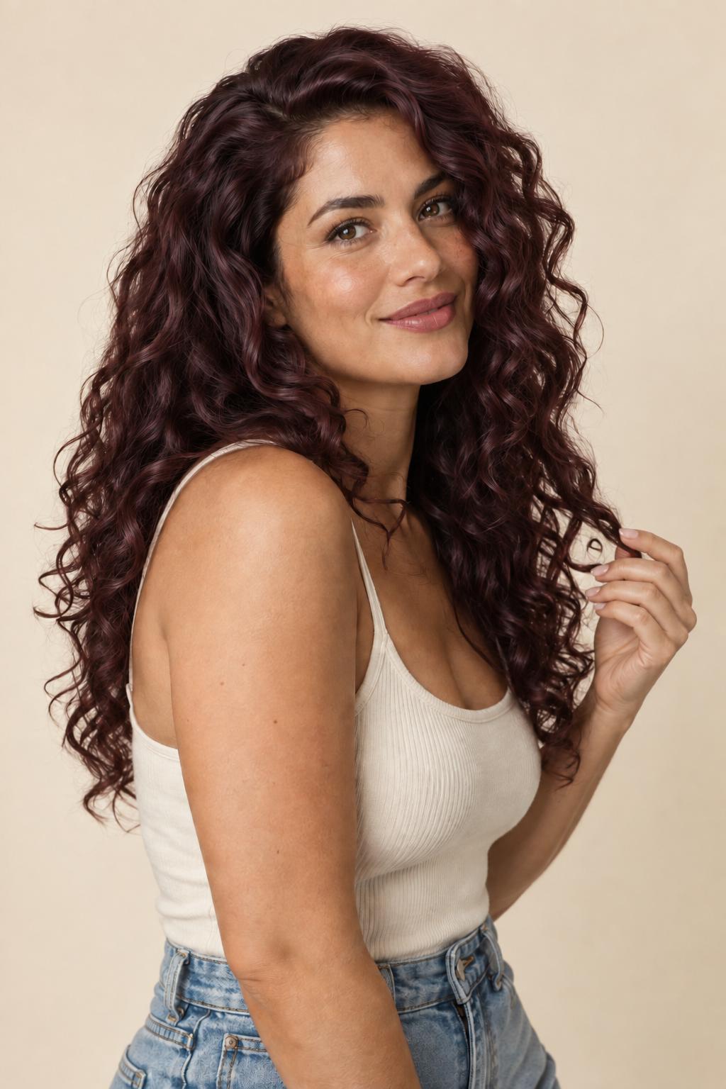 Same portrait with deep burgundy curly hair