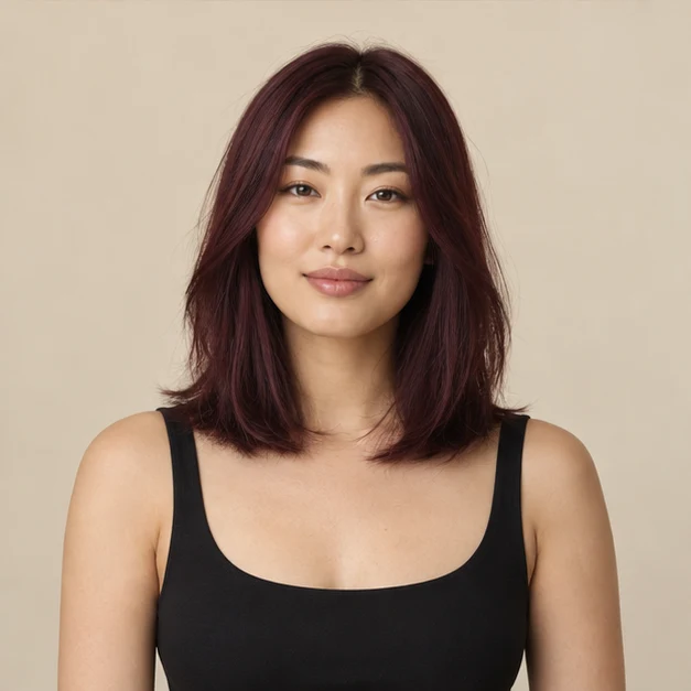 Woman with sleek burgundy hair